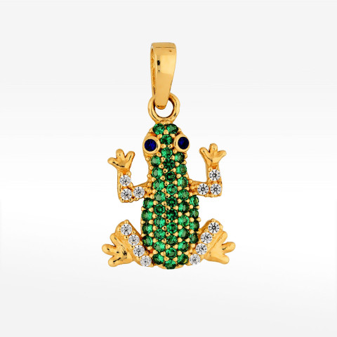 Zawieszka ze złota żaba z zielonymi i białymi cyrkoniami