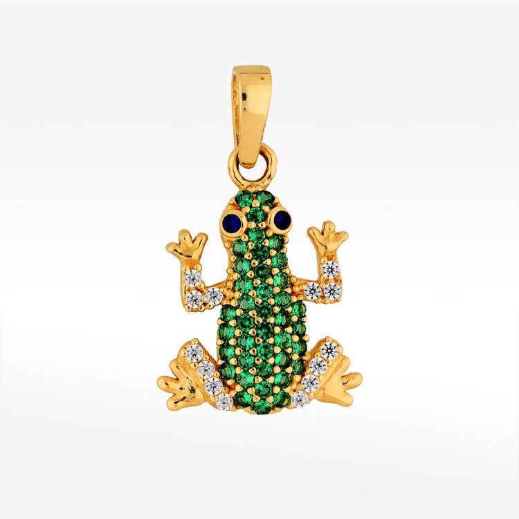 Zawieszka ze złota żaba z zielonymi i białymi cyrkoniami