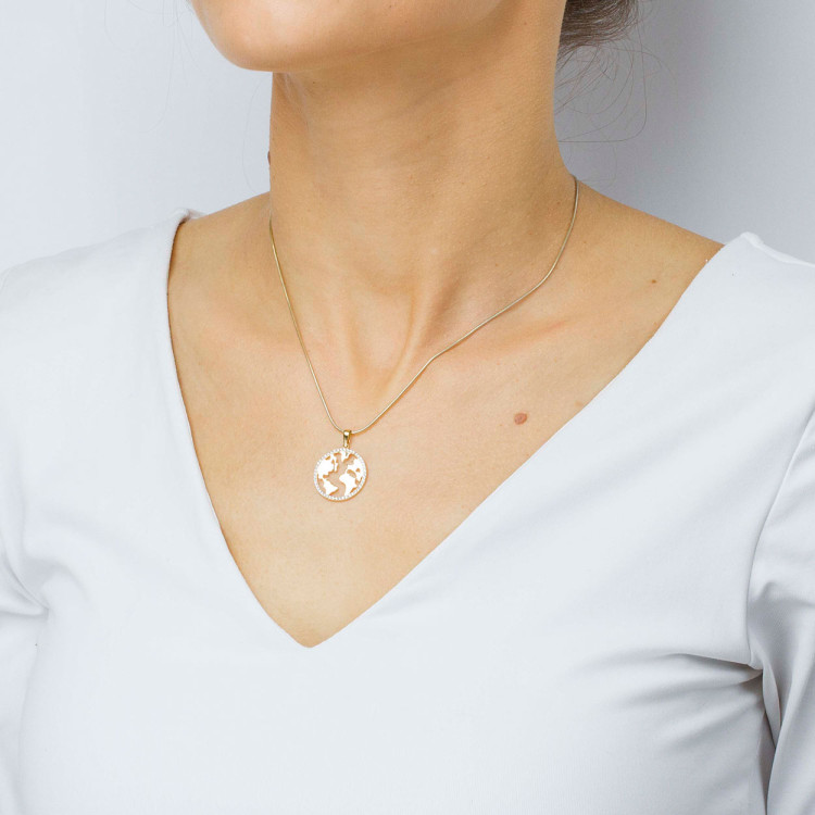 Zawieszka ze złota mapa świata z białymi cyrkoniami