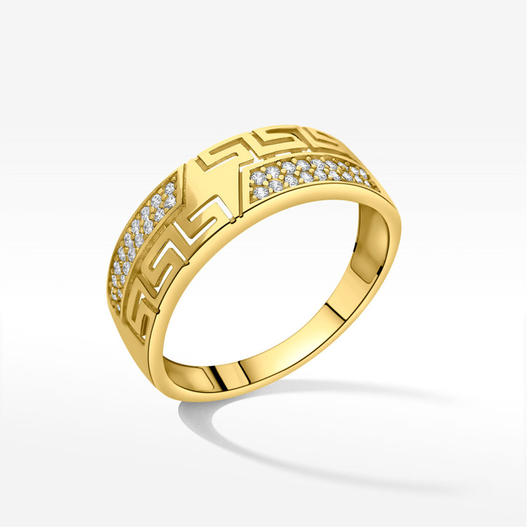 Pierścionek ze złota wzór grecki z białymi cyrkoniami