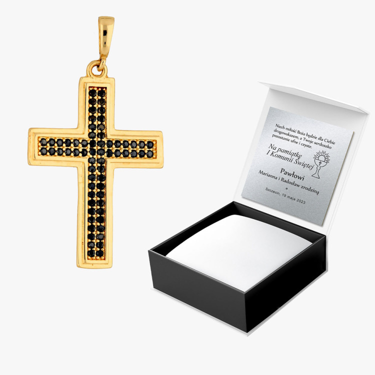 Zawieszka ze złota krzyżyk z czarnymi cyrkoniami