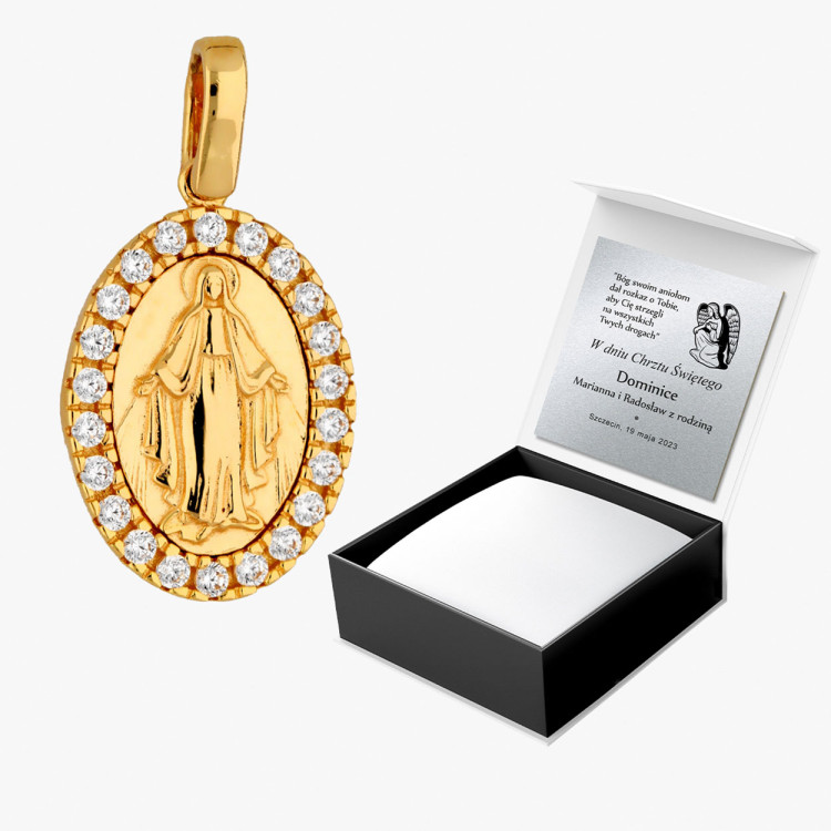 Zawieszka ze złota medalik z białymi cyrkoniami