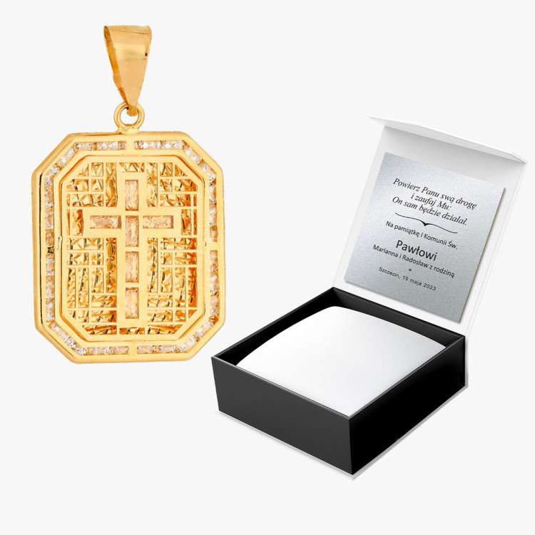 Zawieszka ze złota z krzyżykiem i białymi cyrkoniami