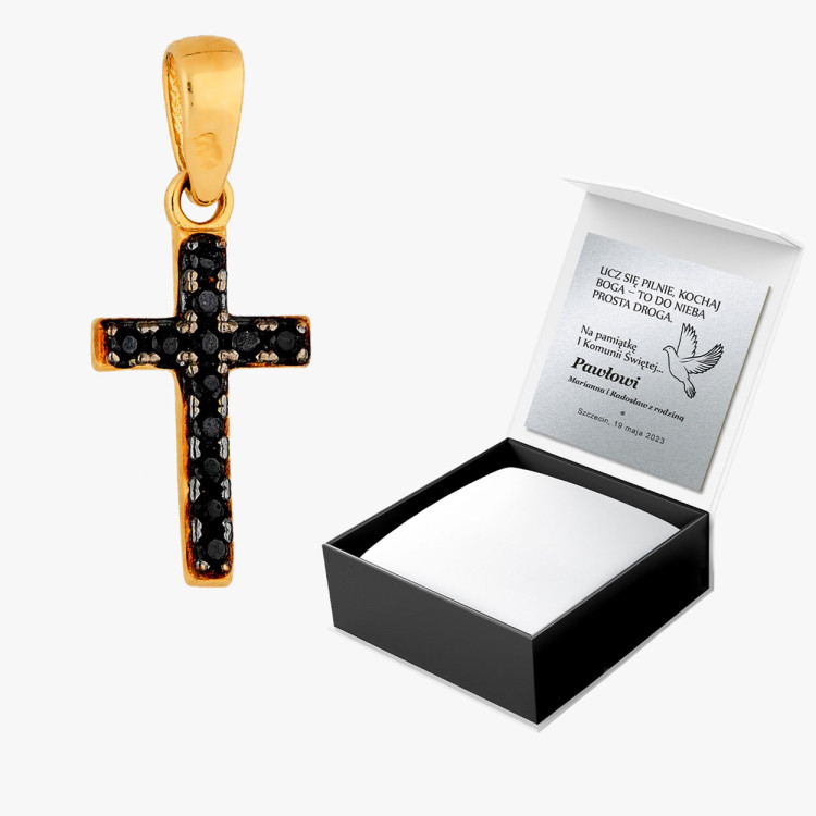 Zawieszka ze złota krzyżyk z czarnymi i białymi cyrkoniami