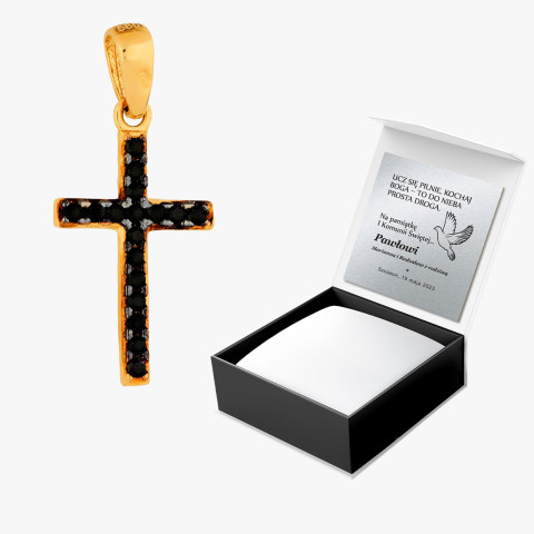 Zawieszka ze złota krzyżyk z czarnymi i białymi cyrkoniami