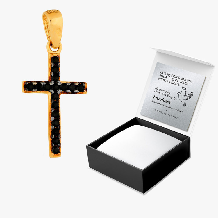 Zawieszka ze złota krzyżyk z czarnymi i białymi cyrkoniami