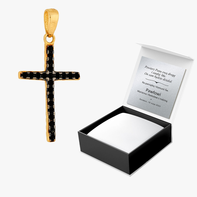 Zawieszka ze złota krzyżyk z czarnymi i białymi cyrkoniami