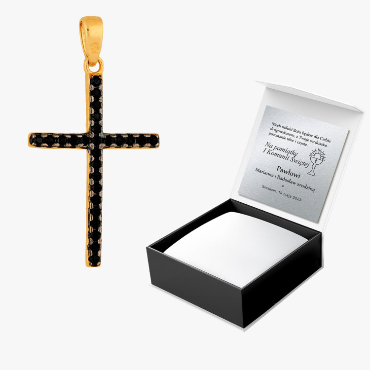 Zawieszka ze złota krzyżyk z czarnymi i białymi cyrkoniami