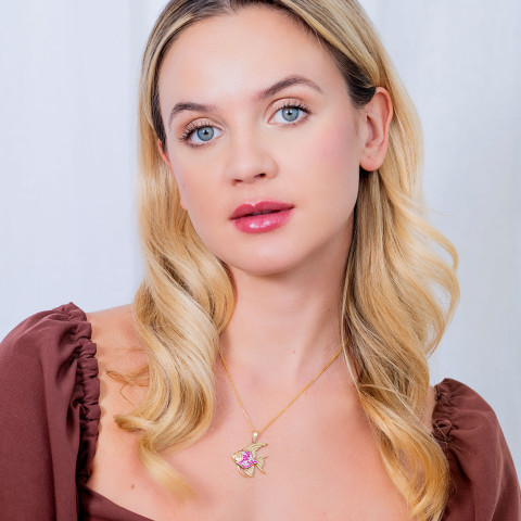 Zawieszka ze złota rybka z różowymi cyrkoniami