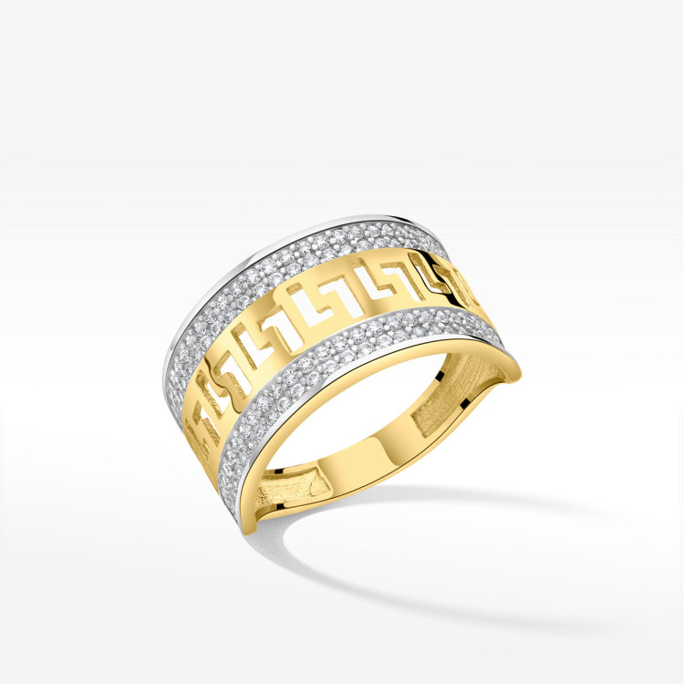 Pierścionek ze złota z wzorem greckim i białymi cyrkoniami