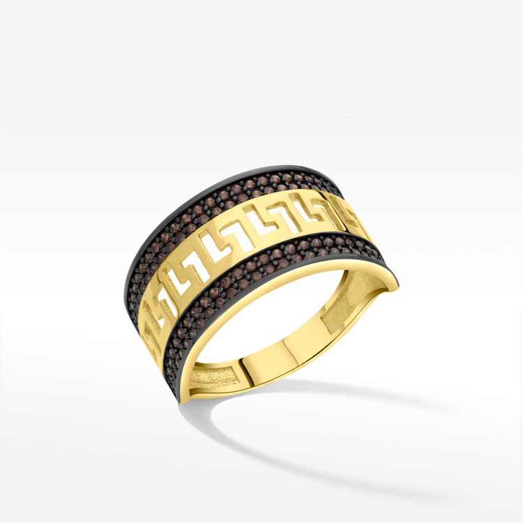 Pierścionek ze złota z wzorem greckim i czarnymi cyrkoniami