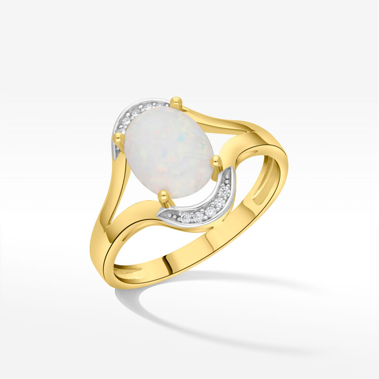 Pierścionek ze złota z opalem i białymi cyrkoniami