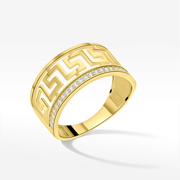 Pierścionek ze złota z wzorem greckim i białymi cyrkoniami