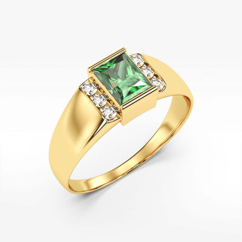 Pierścionek ze złota z zieloną i białymi cyrkoniami