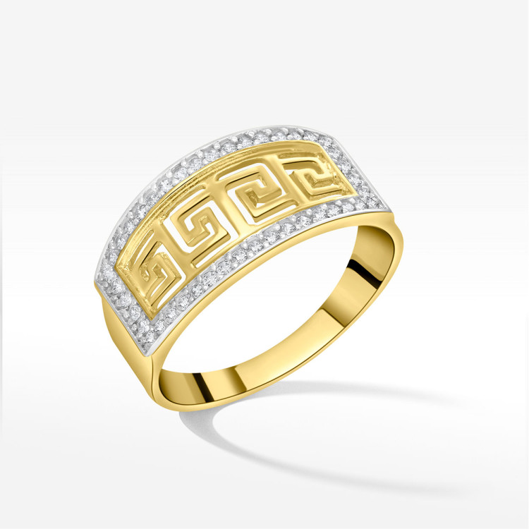 Pierścionek ze złota z wzorem greckim i białymi cyrkoniami