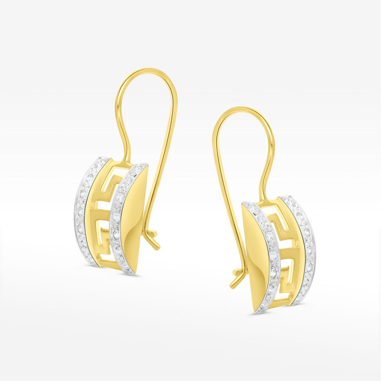 Kolczyki ze złota z wzorem greckim i białymi cyrkoniami