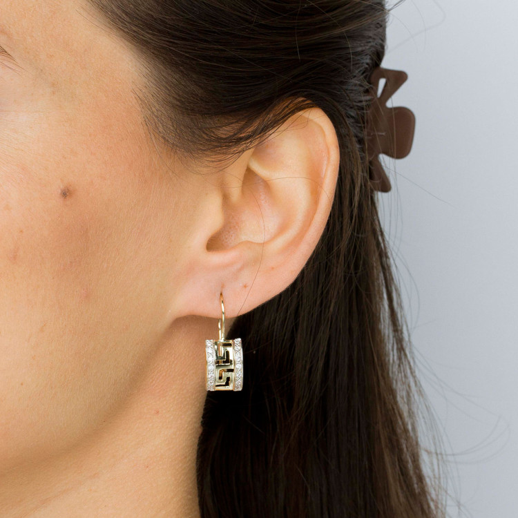 Kolczyki ze złota z wzorem greckim i białymi cyrkoniami