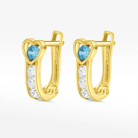 Kolczyki ze złota serce z niebieską i białymi cyrkoniami