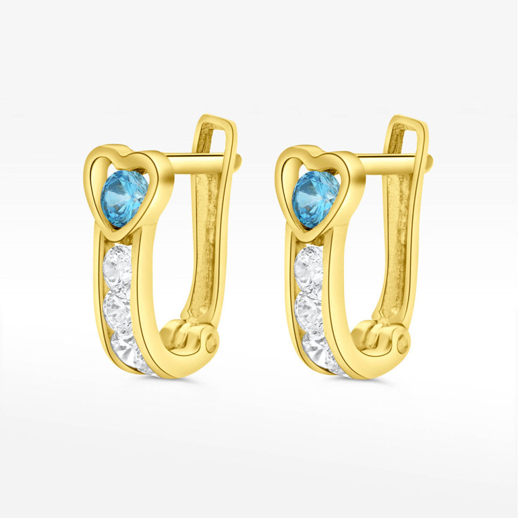 Kolczyki ze złota serce z niebieską i białymi cyrkoniami