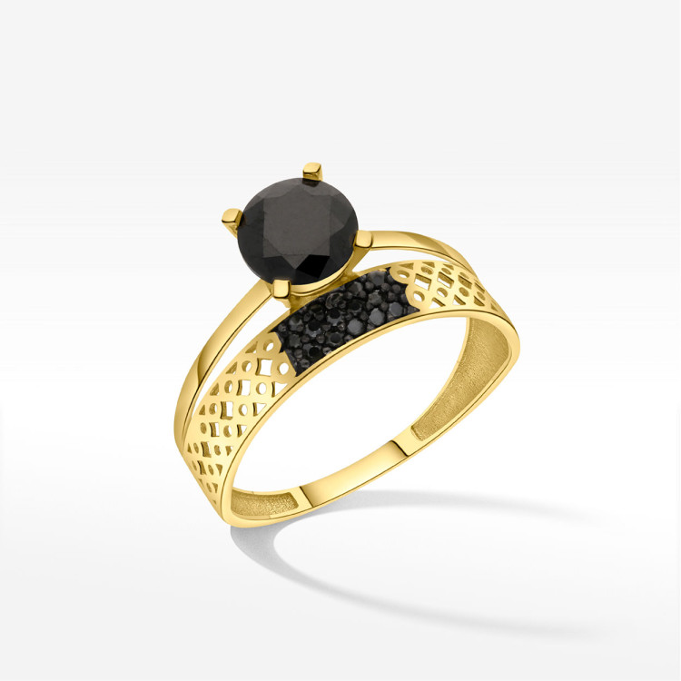 Pierścionek ze złota z czarnymi cyrkoniami