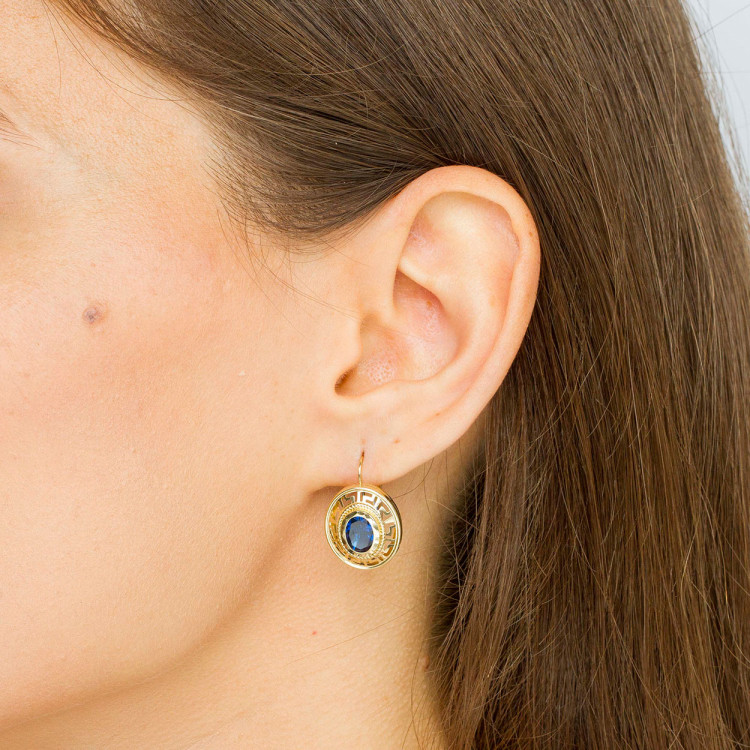 Kolczyki ze złota z niebieską cyrkonią i wzorem greckim