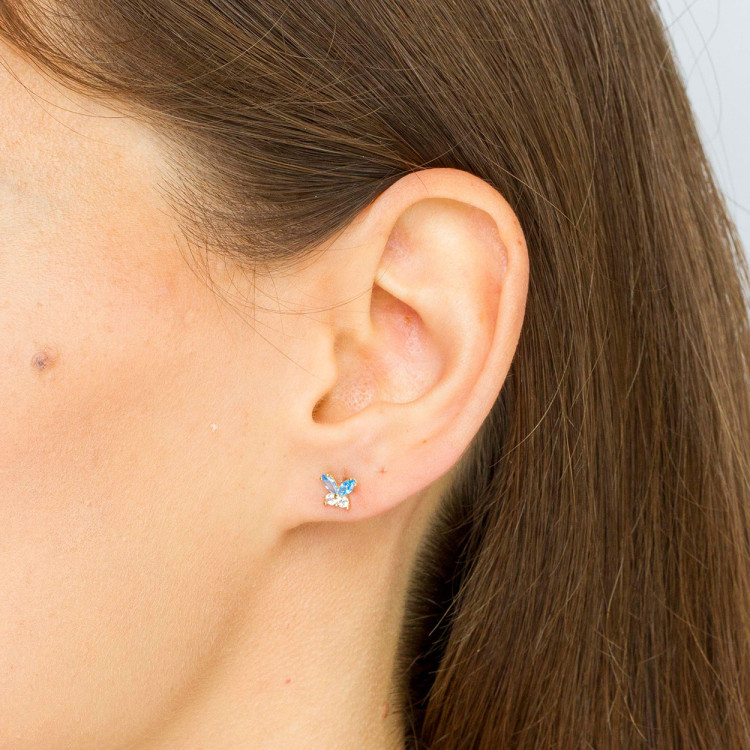 Kolczyki ze złota motylki z niebieskimi i białymi cyrkoniami