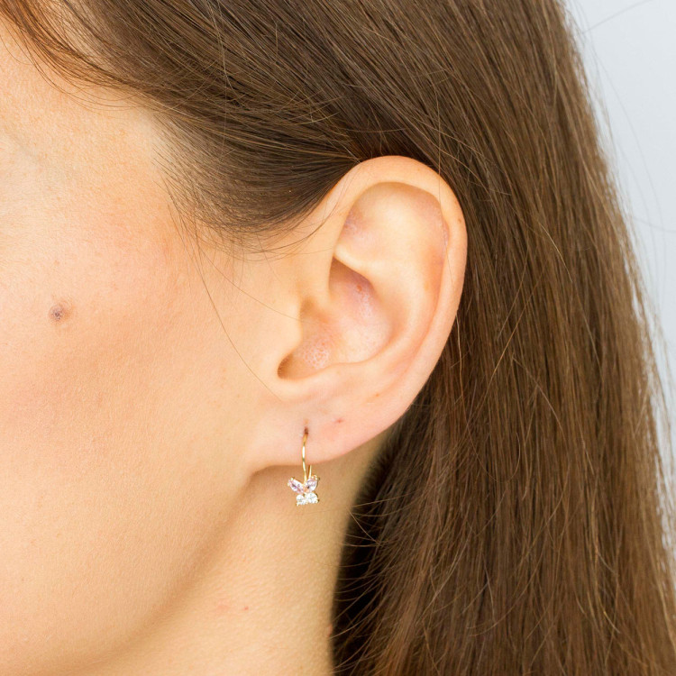 Kolczyki ze złota motylki z różowymi i białymi cyrkoniami