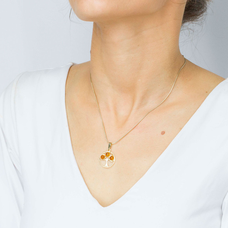 Zawieszka ze złota drzewko szczęścia z bursztynem