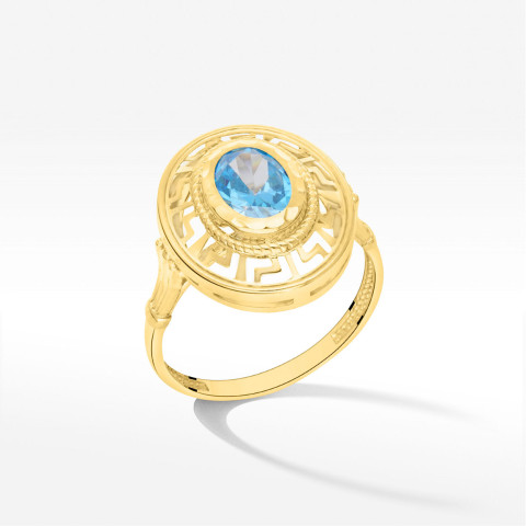 Pierścionek ze złota z niebieską cyrkonią i wzorem greckim