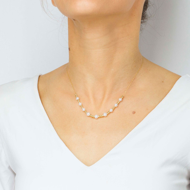 Naszyjnik ze złota 42-45cm z białymi i złotymi koralikami