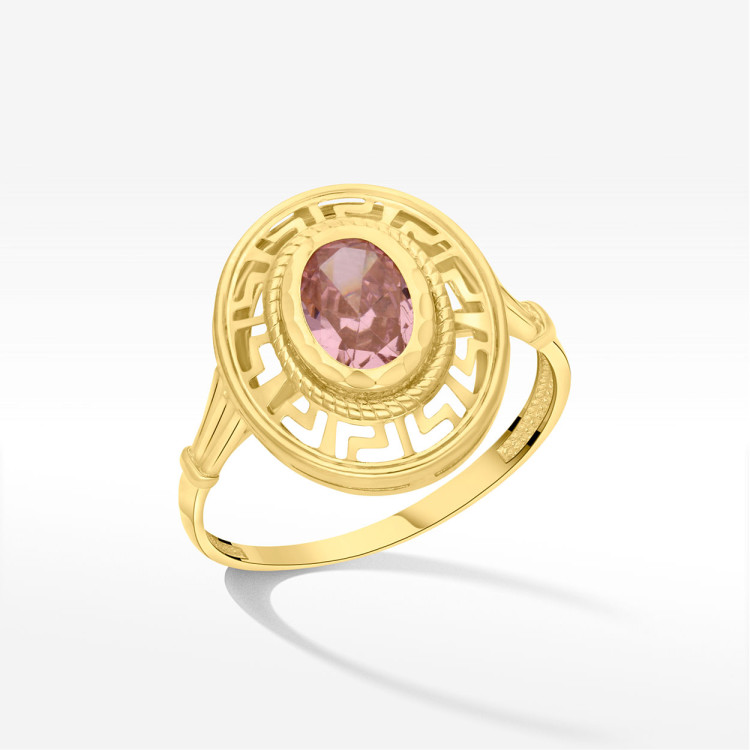 Pierścionek ze złota z różową cyrkonią i wzorem greckim