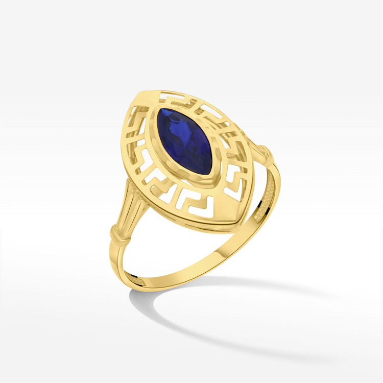 Pierścionek ze złota z niebieską cyrkonią i wzorem greckim