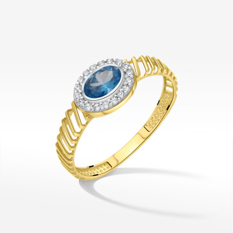 Pierścionek ze złota z niebieską i białymi cyrkoniami