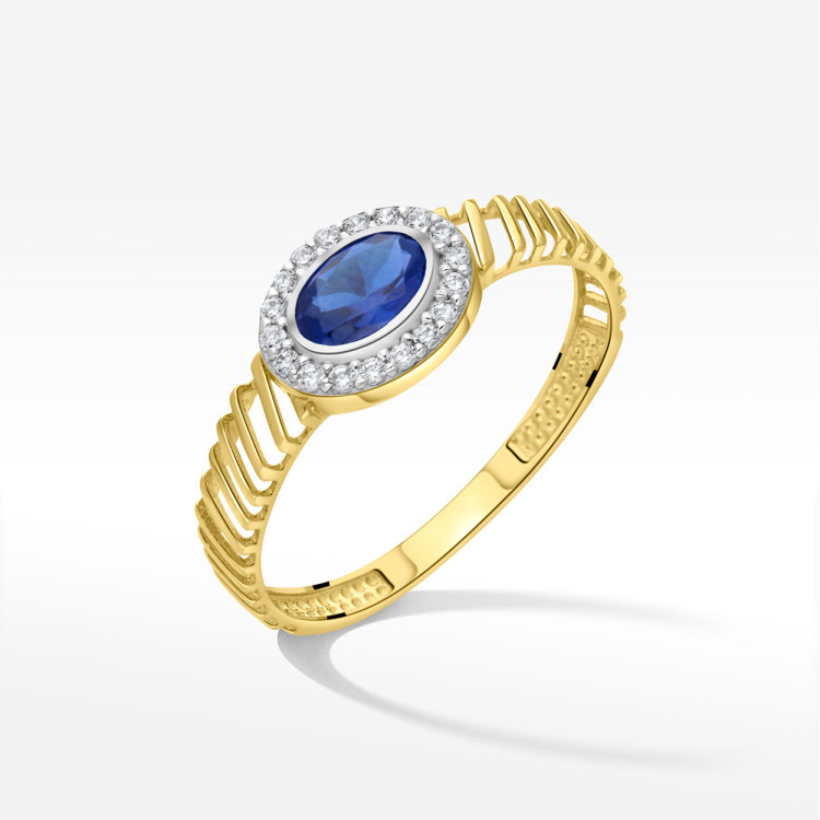 Pierścionek ze złota z niebieską i białymi cyrkoniami
