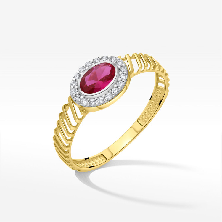 Pierścionek ze złota z różową i białymi cyrkoniami