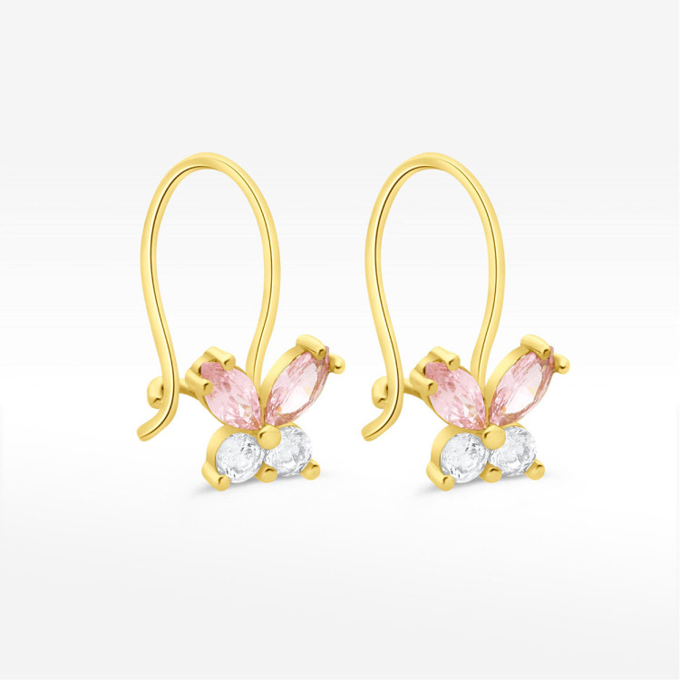 Kolczyki ze złota motylki z różowymi i białymi cyrkoniami