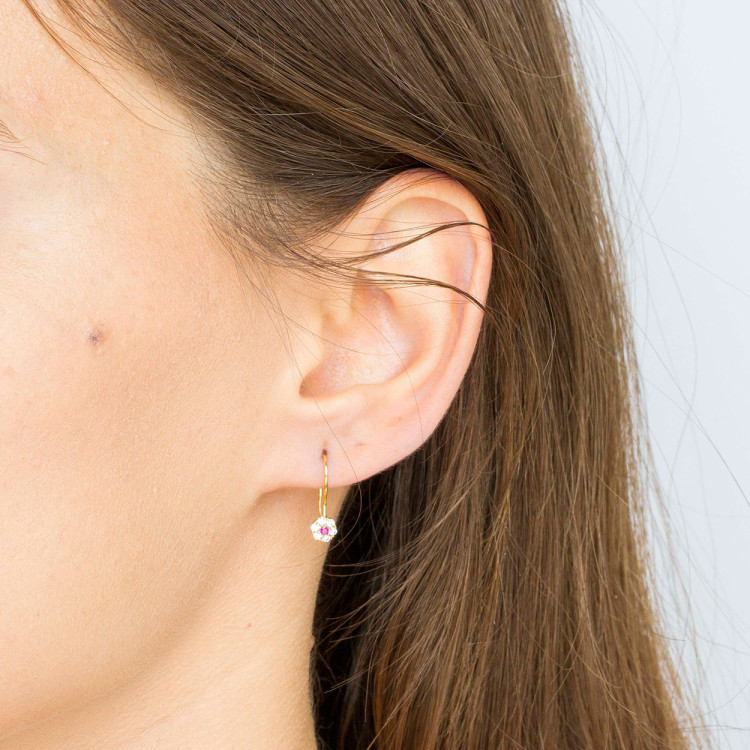 Kolczyki ze złota kwiatki z różową i białymi cyrkoniami