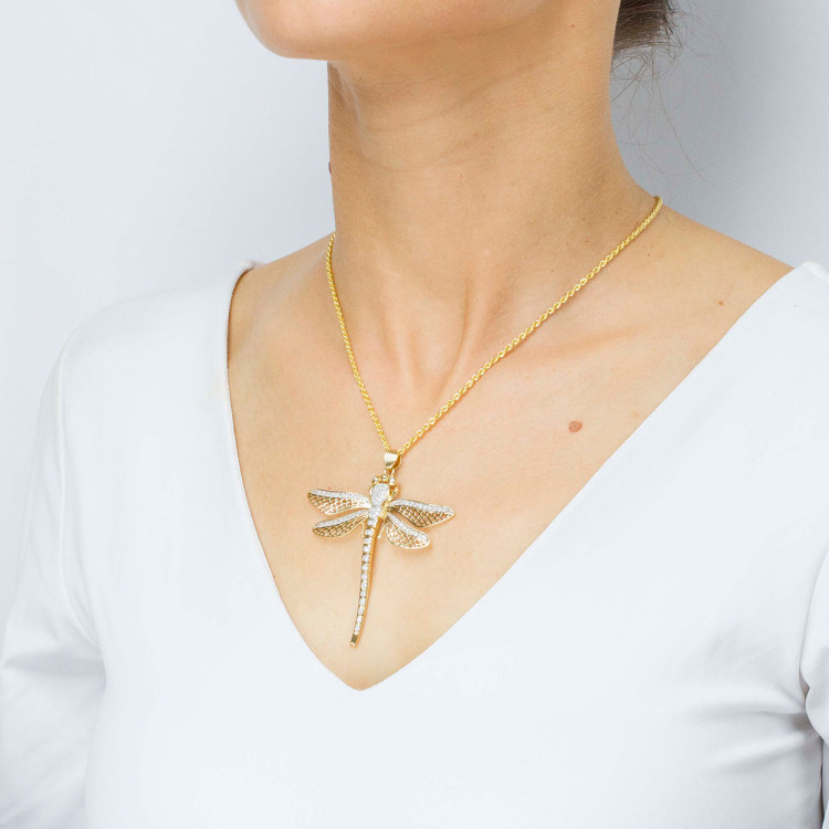 Zawieszka ze złota ważka z białymi cyrkoniami