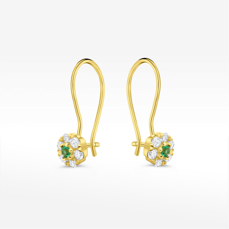 Kolczyki ze złota kwiatki z zieloną i białymi cyrkoniami