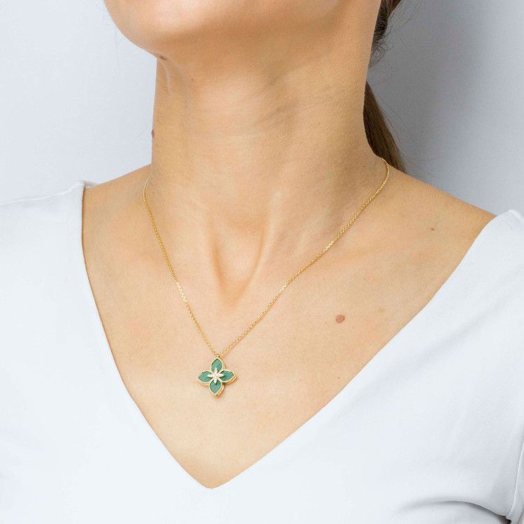 Naszyjnik ze złota 42-45cm z malachitem i białymi cyrkoniami