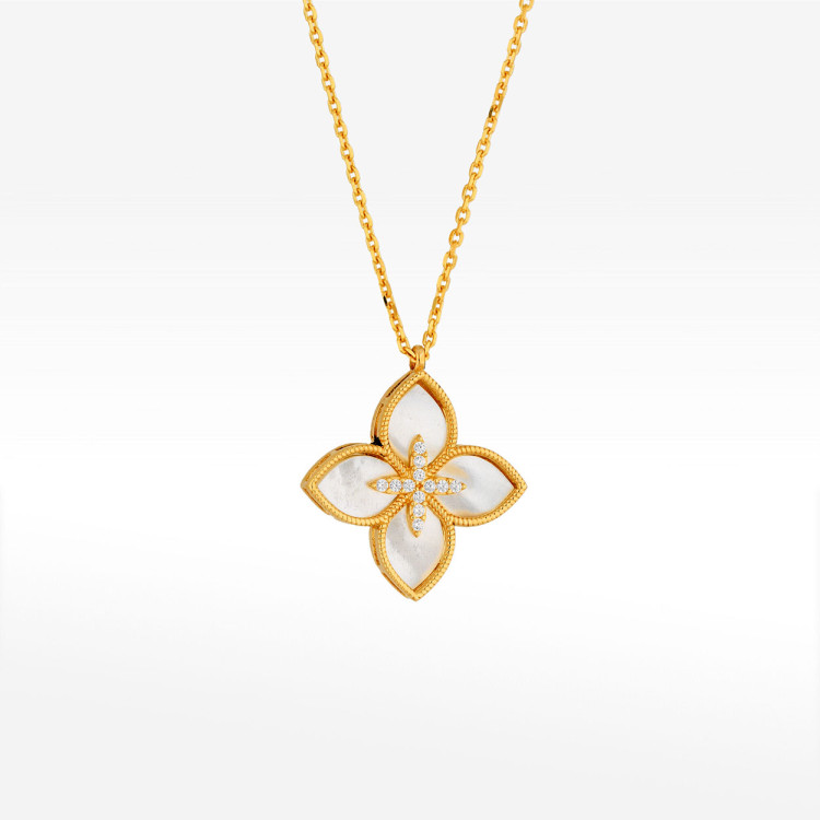 Naszyjnik ze złota 42-45cm z masą perłową i białymi cyrkoniami