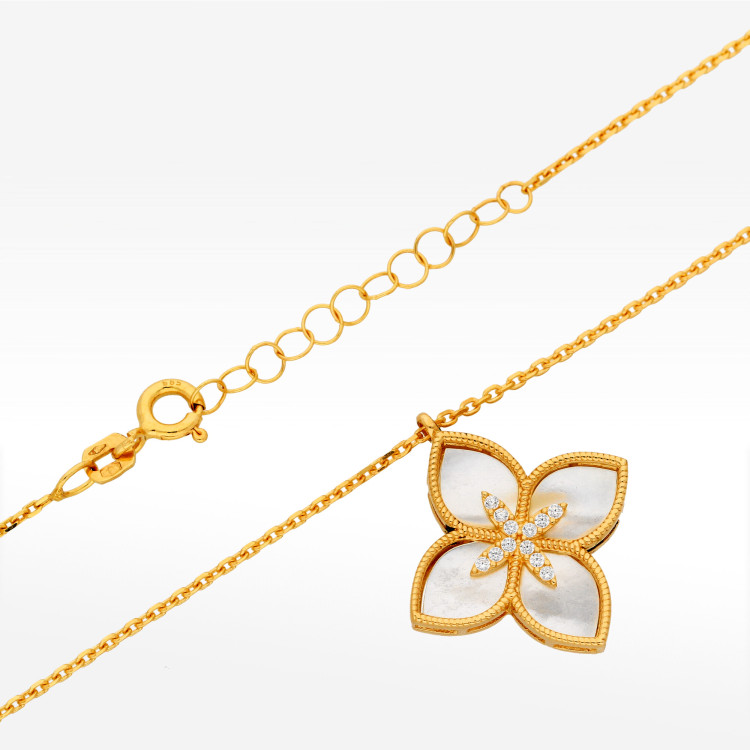 Naszyjnik ze złota 42-45cm z masą perłową i białymi cyrkoniami