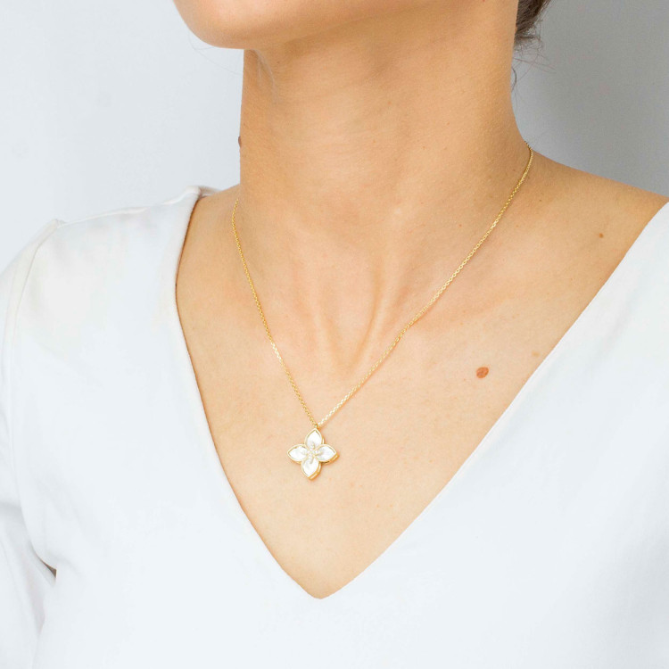 Naszyjnik ze złota 42-45cm z masą perłową i białymi cyrkoniami