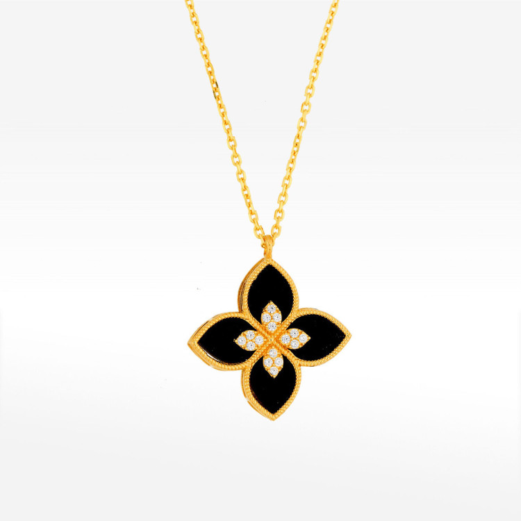 Naszyjnik ze złota 42-45cm z onyksem i białymi cyrkoniami