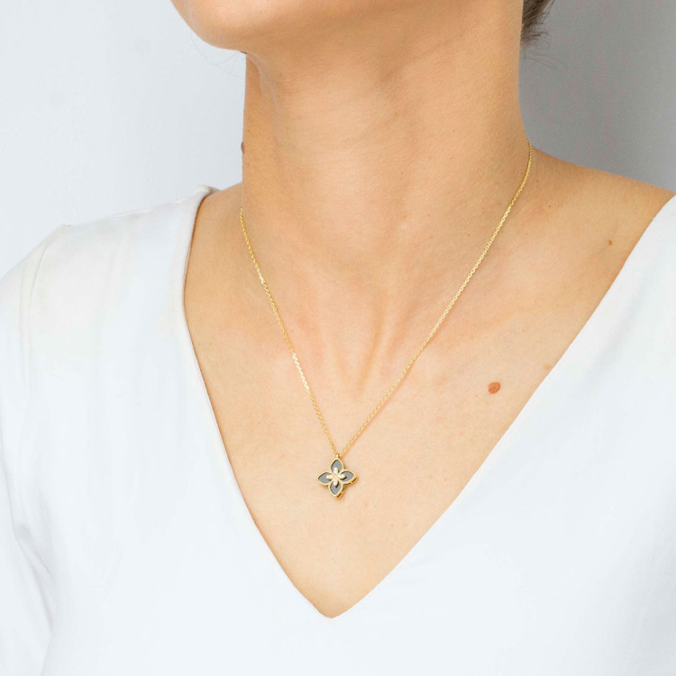 Naszyjnik ze złota 42-45cm z onyksem i białymi cyrkoniami