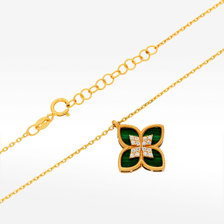 Naszyjnik ze złota 42-45cm z malachitem i białymi cyrkoniami