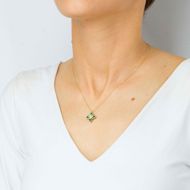 Naszyjnik ze złota 42-45cm z malachitem i białymi cyrkoniami