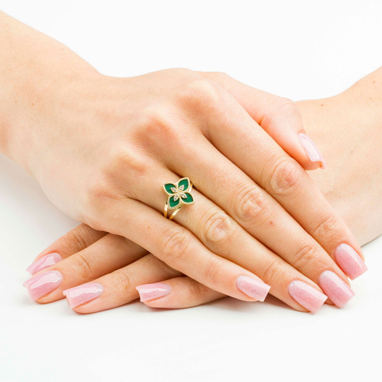 Pierścionek ze złota z malachitem i białymi cyrkoniami