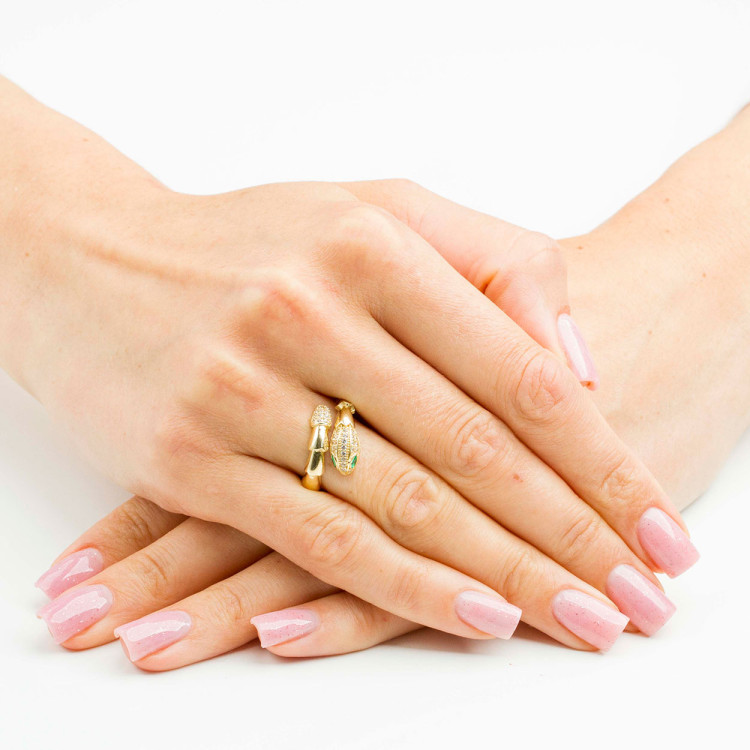 Pierścionek ze złota wąż z białymi cyrkoniami