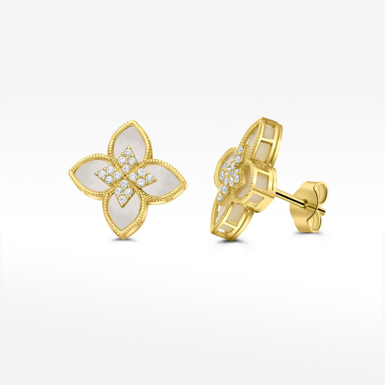 Kolczyki ze złota z masą perłową i białymi cyrkoniami